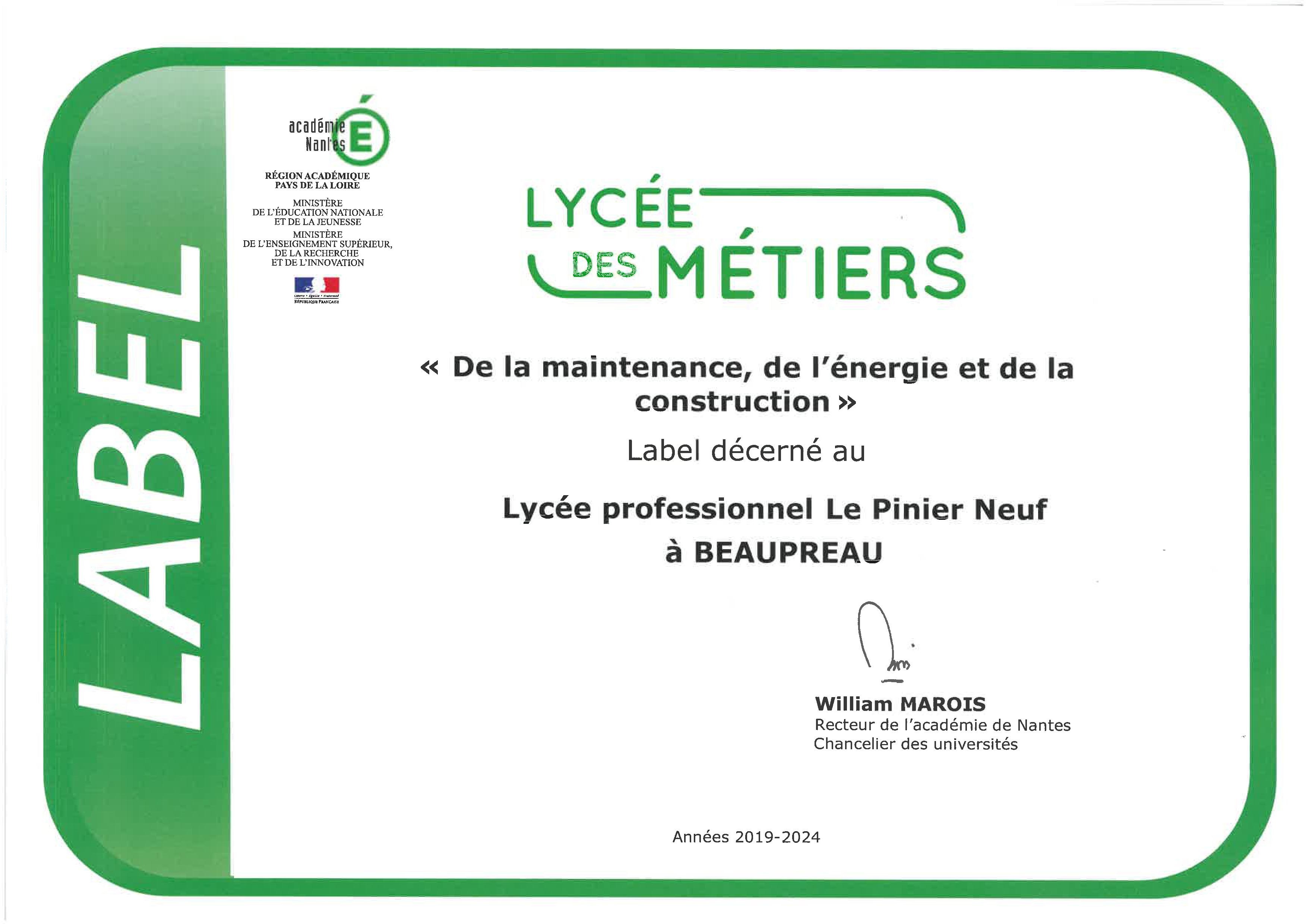 Label Lycée des Métiers 2019-2024